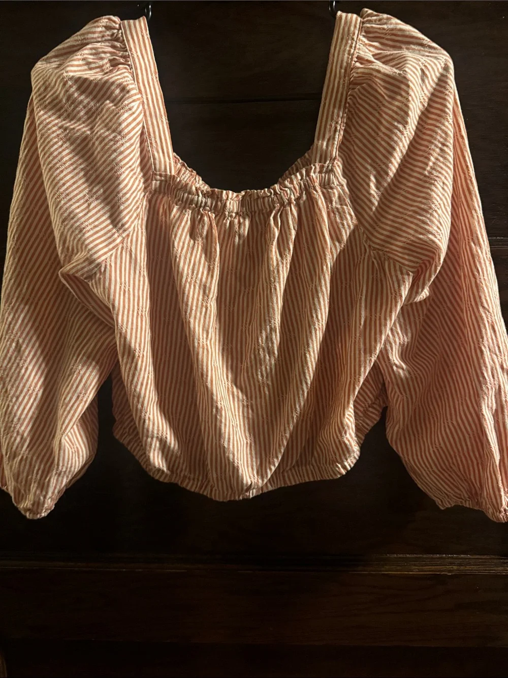 Puff-Sleeve Button-Front Crop Top in Embroidered Stripe